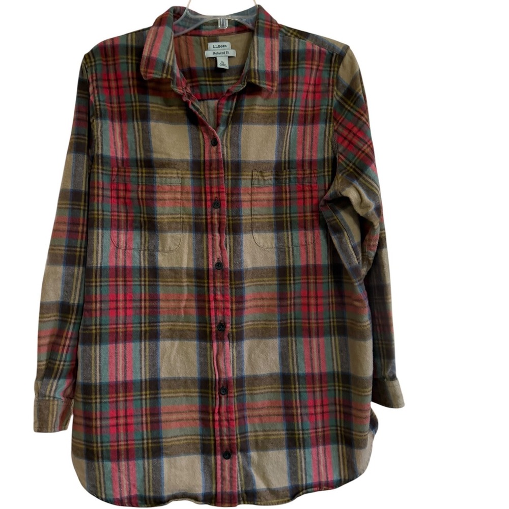LL Bean Relaxed Fit Flannel Shirt Mens XL Tan Red Blue Plaid Cotton Chore Farm